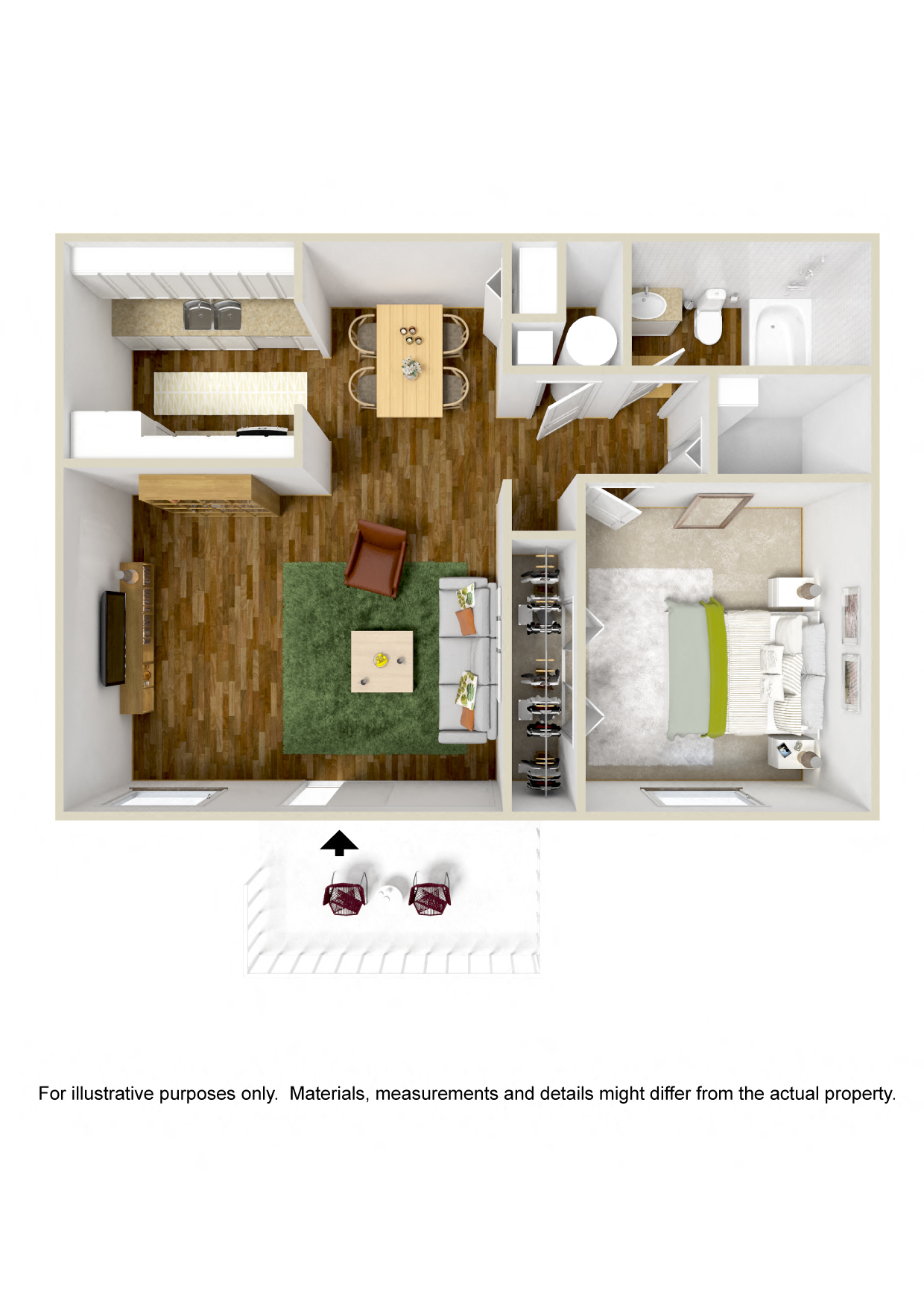 Floor plan for 1 bed, 1 bath, 629 sqft